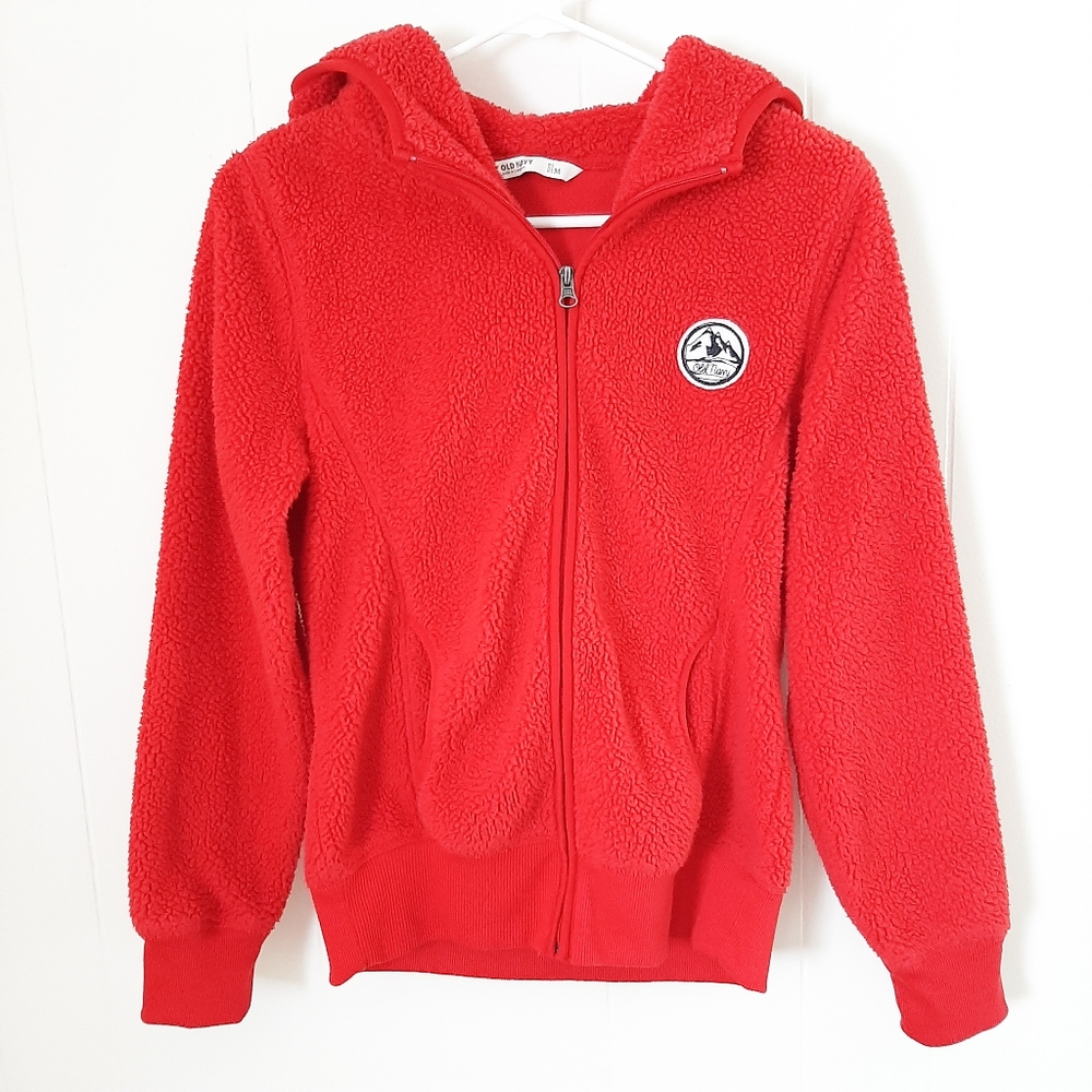 Old Navy plush sherpa teddy fleece full zip hoodie jacket hooded fall winter red